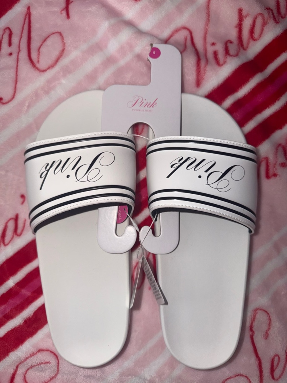 PINK White Slide Sandals with Black Trim